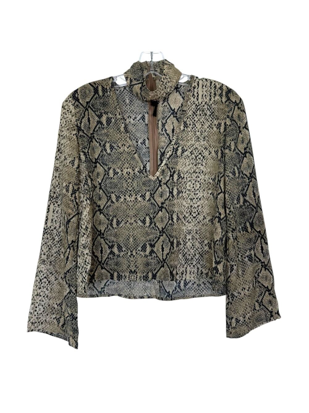 Olivaceous Snakeskin Long Sleeve Blouse Collared Deep V-Neck Shirt Size Small